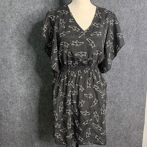 Everly Ruffled Sleeve Pullover Dress Black W/ Birds Short Light Wt Elastic Waist